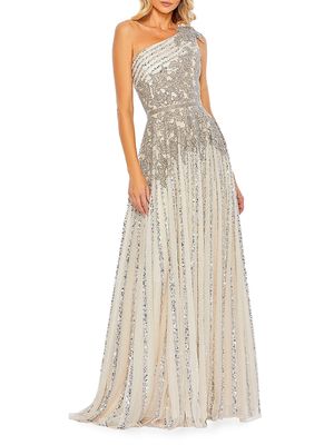 Women's Beaded One-Shoulder A-Line Gown - Silver Beige - Size 6