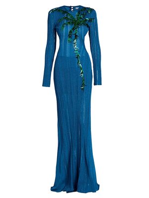 Women's Beaded Palm Knit Gown - Blue - Size 0 - Blue - Size 0