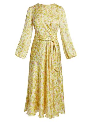 Women's Belted Floral Matte Satin Midi-Dress - Lemon - Size 8