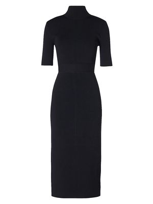 Women's Belted High-Neck Short-Sleeve Dress - Black - Size Medium - Black - Size Medium