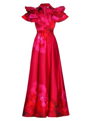 Women's Belted Ruffled Floral Satin Gown - Fuchsia Multi - Size 2