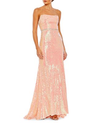 Women's Belted Sequin-Embellished Gown - Coral - Size 8