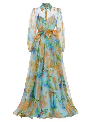 Women's Belted Silk Organza Gown - Blue Multi - Size 0