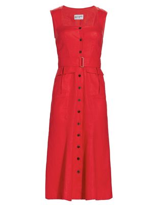 Women's Belted Square Neck Linen Midi-Dress - Red - Size Small - Red - Size Small
