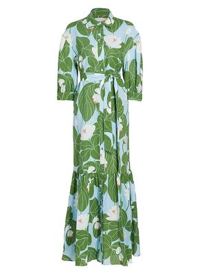 Women's Bianca Belted Floral Linen-Cotton Maxi Shirtdress - Waterlily Green - Size 00