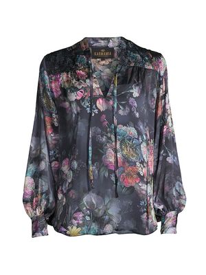 Women's Blanche Smocked Satin Blouse - Floral - Size Small - Floral - Size Small