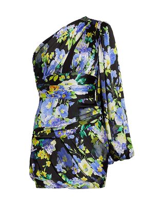 Women's Bloom Floral One-Shoulder Minidress - Black Purple Multi - Size Small