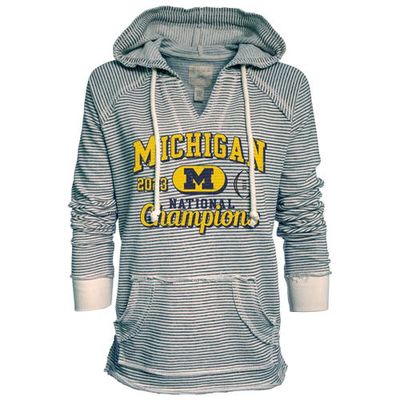 Women's Blue 84 Navy Michigan Wolverines College Football Playoff 2023 National Champions Striped French Terry V-Neck Pullover Hoodie