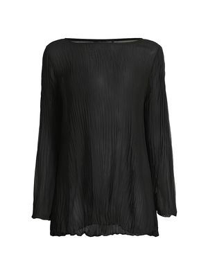 Women's Boatneck Pleated Silk Tunic - Black - Size Large