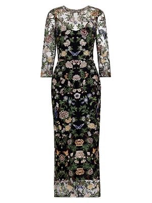 Women's Botanical Embroidered Tulle Midi-Dress - Black Multi - Size 16