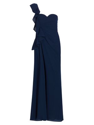 Women's Botanical Leaf Ruffled One-Shoulder Chiffon Gown - Navy - Size 4