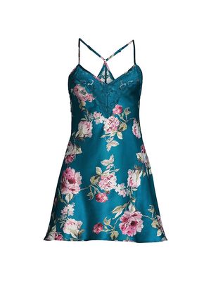 Women's Breakfast At Tiffany's Floral-Print Matte Satin Chemise - Teal - Size XS - Teal - Size XS