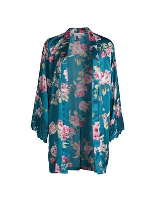 Women's Breakfast At Tiffany's Printed Matte Satin Wrap Kimono - Teal - Size XS - Teal - Size XS