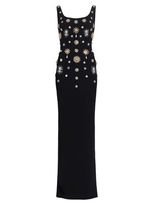 Women's Brooch-Embellished Scoopneck Gown - Black - Size 10 - Black - Size 10