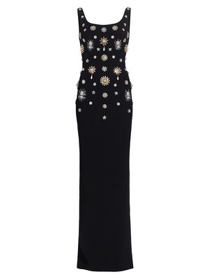 Women's Brooch-Embellished Scoopneck Gown - Black - Size 12 - Black - Size 12