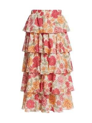 Women's Camela Tiered Floral Midi-Skirt - Pink Floral - Size XS - Pink Floral - Size XS