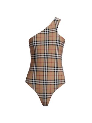 Women's Candace One-Shoulder Check One-Piece Swimsuit - Archive Beige Check - Size Large - Archive Beige Check - Size Large