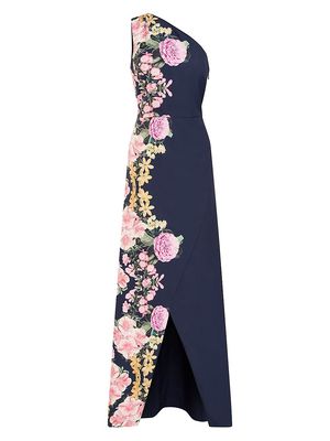 Women's Carissa Floral Crepe One-Shoulder Gown - Dark Navy Rose Violet - Size 6