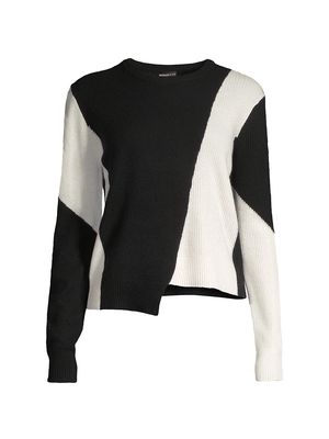 Women's Cashmere Asymmetric Colorblocked Sweater - Black White - Size XS