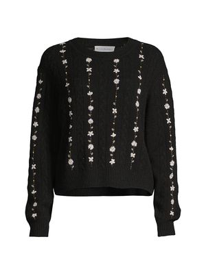 Women's Cashmere Floral Embroidered Cable Crewneck Sweater - Black Combo - Size XS