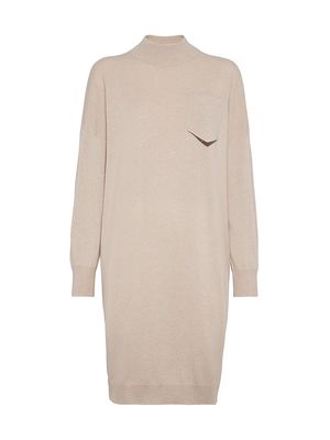 Women's Cashmere Sweater Dress With Shiny Shadow Pocket - Cool Beige - Size Medium