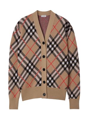 Women's Check Wool-Blend V-Neck Cardigan - Sand Check - Size Large