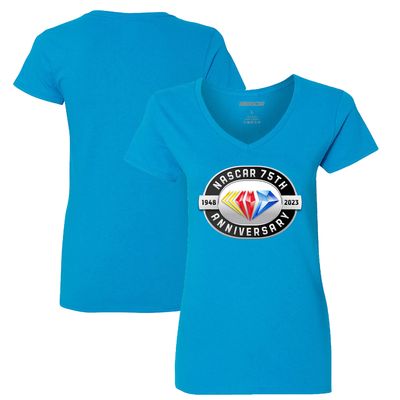 Women's Checkered Flag Light Blue NASCAR 75th Anniversary V-Neck T-Shirt