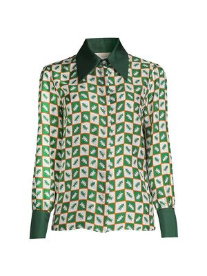 Women's Checkered-Print Silk Twill Button-Front Shirt - Size 2 - Size 2