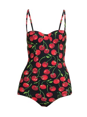 Women's Cherry-Print One-Piece Swimsuit - Ciliegie Nero - Size Medium