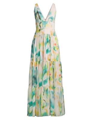 Women's Chiffon Floral Tiered Gown - Green Multi - Size 0 - Green Multi - Size 0