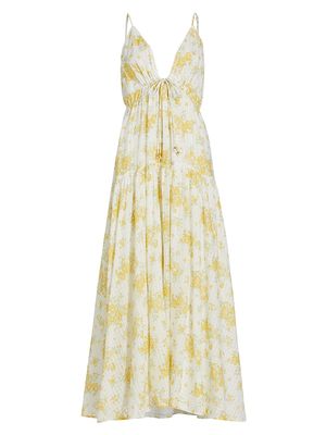 Women's Claudia Floral Cotton Tie-Front Maxi Dress - Yellow Ditsy - Size XL - Yellow Ditsy - Size XL