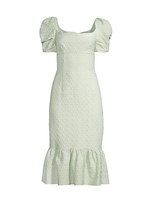 Women's Cloqué Puff-Sleeve Midi-Dress - Light Green - Size Small