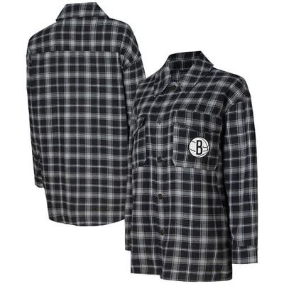 Women's College Concepts Black/Gray Brooklyn Nets Boyfriend Button-Up Nightshirt