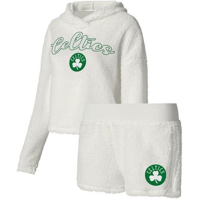 Women's College Concepts Cream Boston Celtics Fluffy Long Sleeve Hoodie T-Shirt & Shorts Sleep Set in White