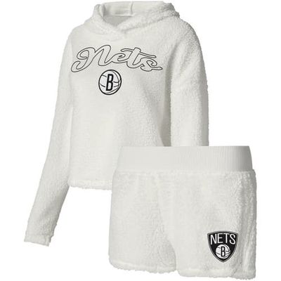 Women's College Concepts Cream Brooklyn Nets Fluffy Long Sleeve Hoodie T-Shirt & Shorts Sleep Set in White