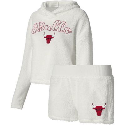 Women's College Concepts Cream Chicago Bulls Fluffy Long Sleeve Hoodie T-Shirt & Shorts Sleep Set in White