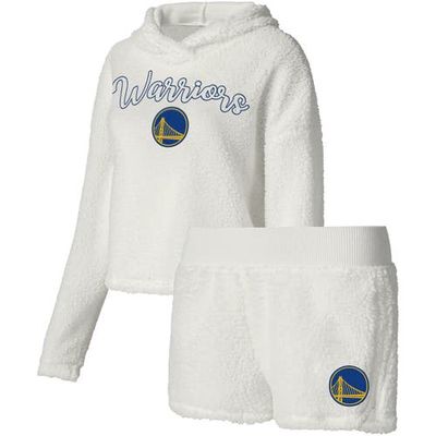 Women's College Concepts Cream Golden State Warriors Fluffy Long Sleeve Hoodie T-Shirt & Shorts Sleep Set in White