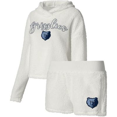 Women's College Concepts Cream Memphis Grizzlies Fluffy Long Sleeve Hoodie T-Shirt & Shorts Sleep Set in White