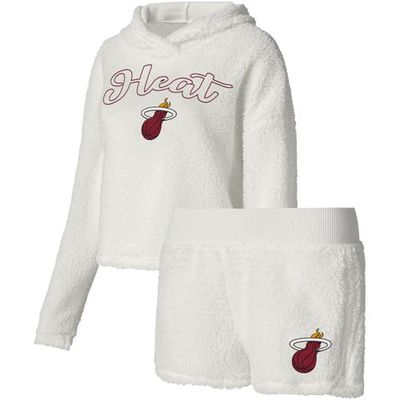 Women's College Concepts Cream Miami Heat Fluffy Long Sleeve Hoodie T-Shirt & Shorts Sleep Set in White