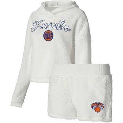 Women's College Concepts Cream New York Knicks Fluffy Long Sleeve Hoodie T-Shirt & Shorts Sleep Set in White
