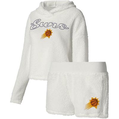 Women's College Concepts Cream Phoenix Suns Fluffy Long Sleeve Hoodie T-Shirt & Shorts Sleep Set in White