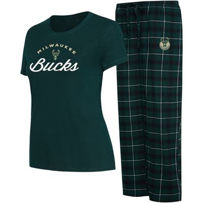 Women's College Concepts Hunter Green/Black Milwaukee Bucks Arctic T-Shirt & Flannel Pants Sleep Set