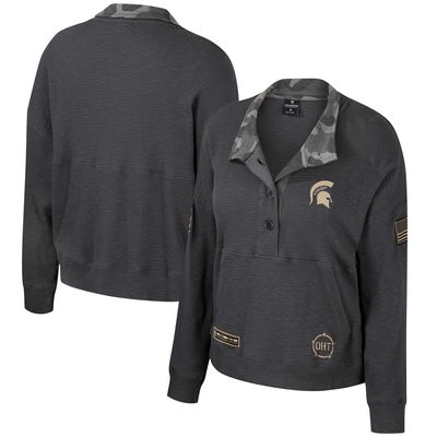 Women's Colosseum Heather Charcoal Michigan State Spartans OHT Military Appreciation Payback Henley Thermal Sweatshirt