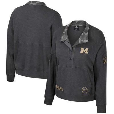 Women's Colosseum Heather Charcoal Michigan Wolverines OHT Military Appreciation Payback Henley Thermal Sweatshirt