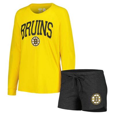 Women's Concepts Sport Black/Gold Boston Bruins Meter Knit Long Sleeve Raglan Top & Shorts Sleep Set