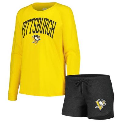Women's Concepts Sport Black/Gold Pittsburgh Penguins Meter Knit Long Sleeve Raglan Top & Shorts Sleep Set