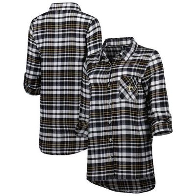 Women's Concepts Sport Black New Orleans Saints Mainstay Plaid Full-Button Long Sleeve Nightshirt