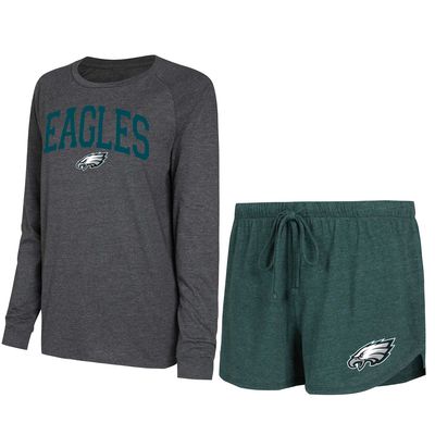 Women's Concepts Sport Green/Black Philadelphia Eagles Raglan Long Sleeve T-Shirt & Shorts Lounge Set