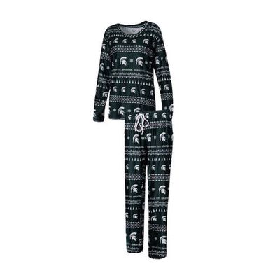 Women's Concepts Sport Green Michigan State Spartans Flurry Ugly Sweater Long Sleeve T-Shirt & Pants Sleep Set