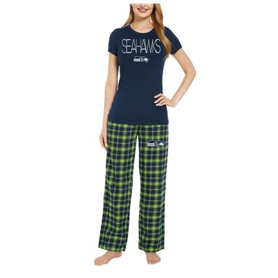 Women's Concepts Sport Navy/Neon Green Seattle Seahawks Arctic T-Shirt & Flannel Pants Sleep Set